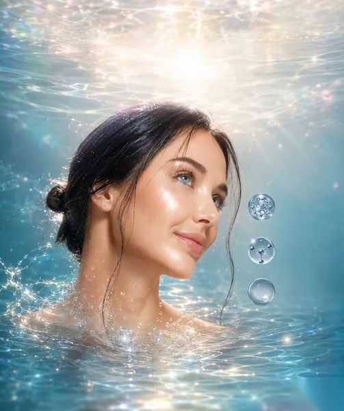 Woman at the surface of sunlit water beside three molecular water spheres